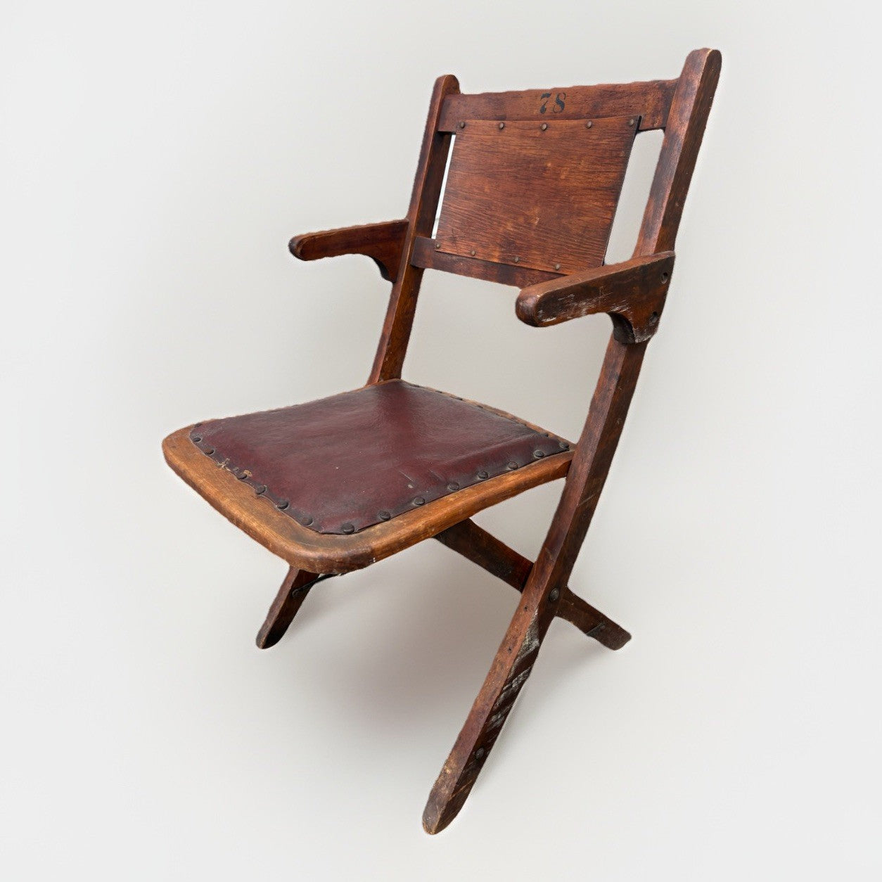 Antique Wooden Folding Chair w/ Leather Seat – Primitive Industrial Stenciled 78