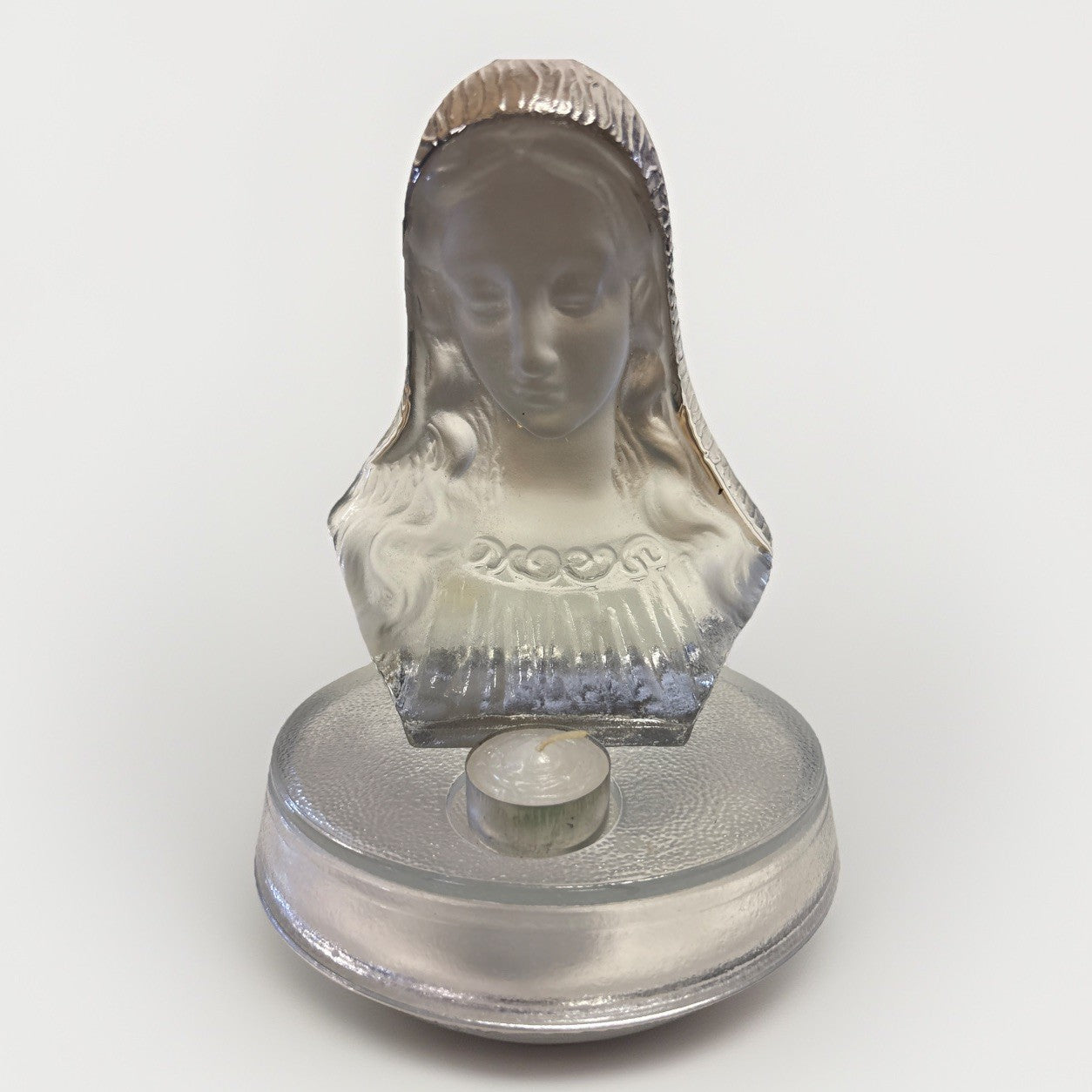 Vintage Frosted Glass Virgin Mary Sculpture Figurine by Viking W Candle Stand
