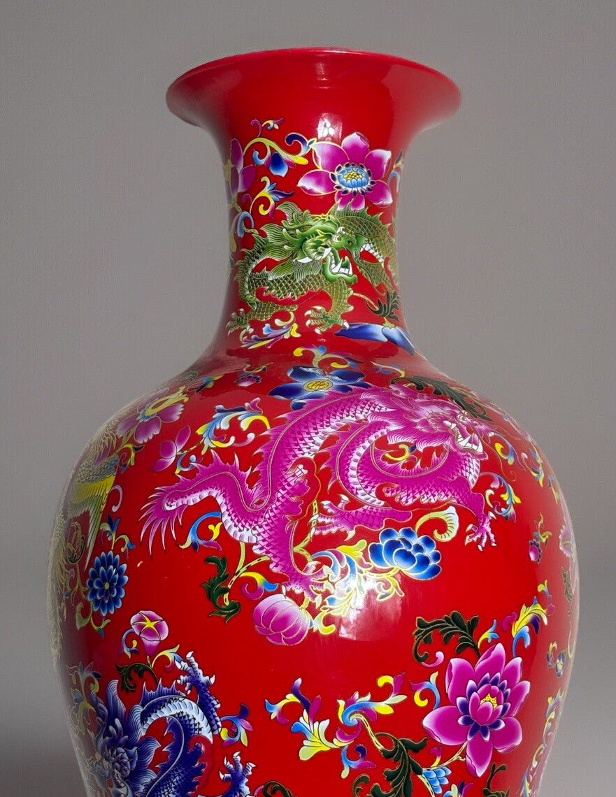 27” Chinese Large Floor Vase Dragon With Flower Scenes