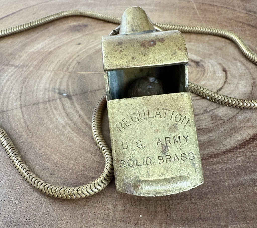 Vintage Solid Brass U.S. Army Regulation Military Whistle + Chain