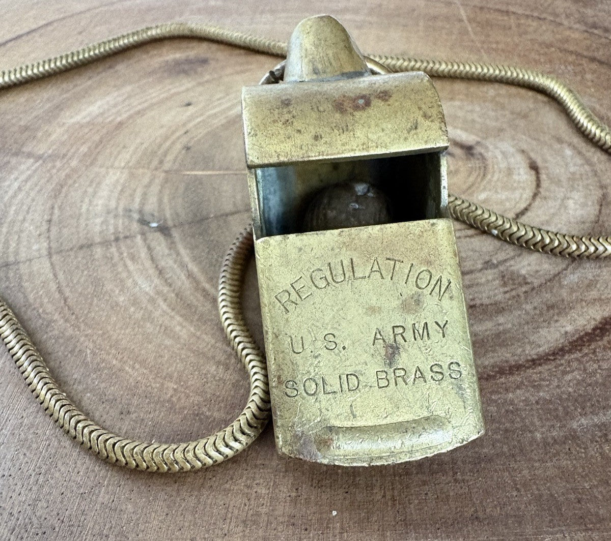Vintage Solid Brass U.S. Army Regulation Military Whistle + Chain