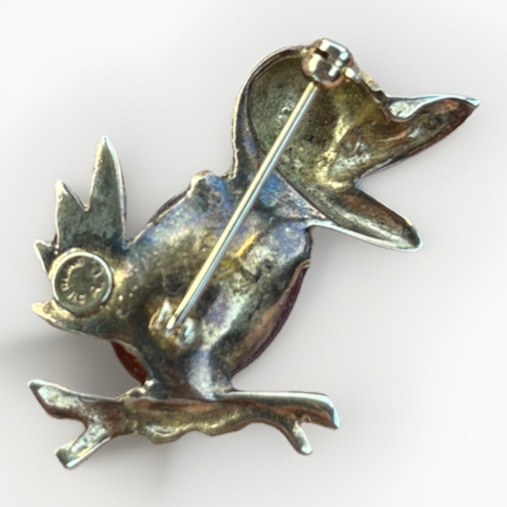 Vintage AC Sterling Bird Brooch Carnelian Cabochon Gemstone Pin