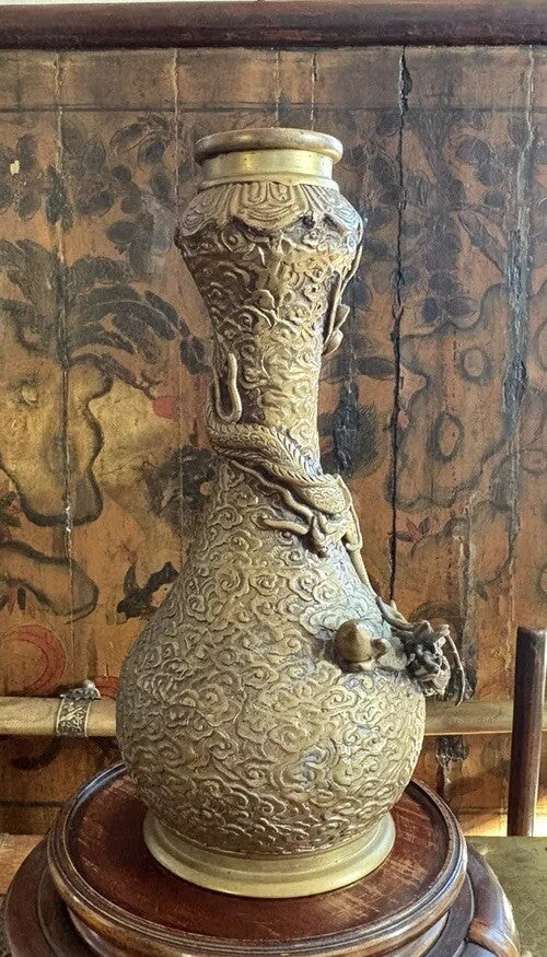 Chinese￼BRONZE  VASE  17/18 C. DRAGON With Egg In Hand flying In The Clouds