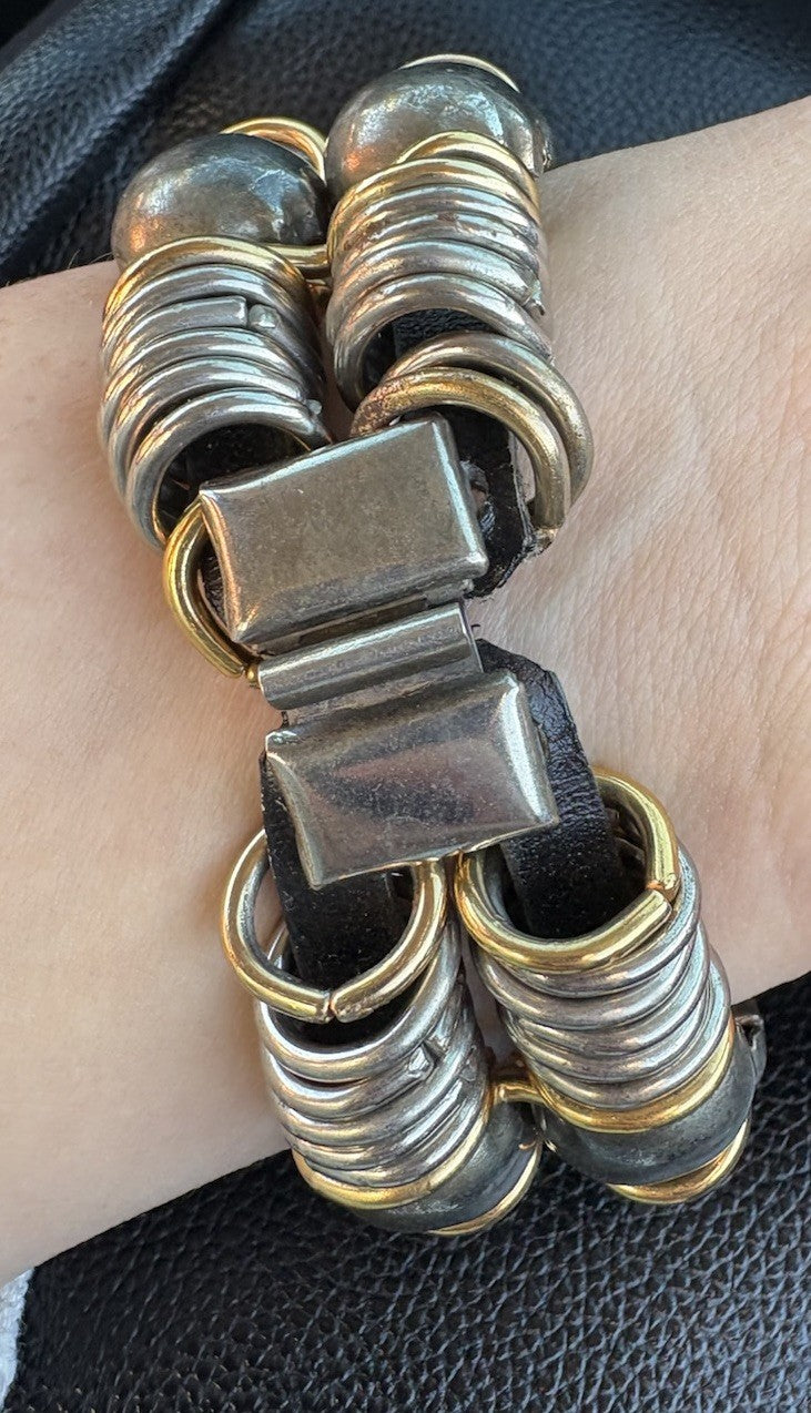 Vintage Brutalist Mixed Metal Bracelet 73g | Brass & Silver Tone, Leather Core