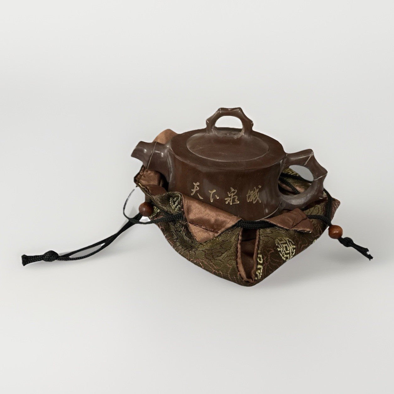Vintage Chinese Riverstone Bamboo Teapot “天下壶城” Yixing Style w/ Silk Pouch