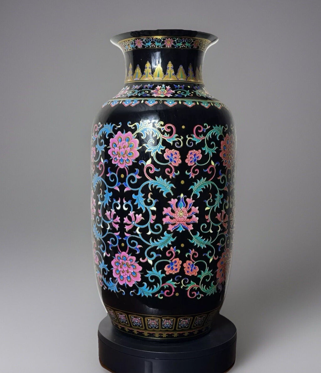 24” Chinese Large Floor Black Vase With Floral Patterns Pink Blue Green