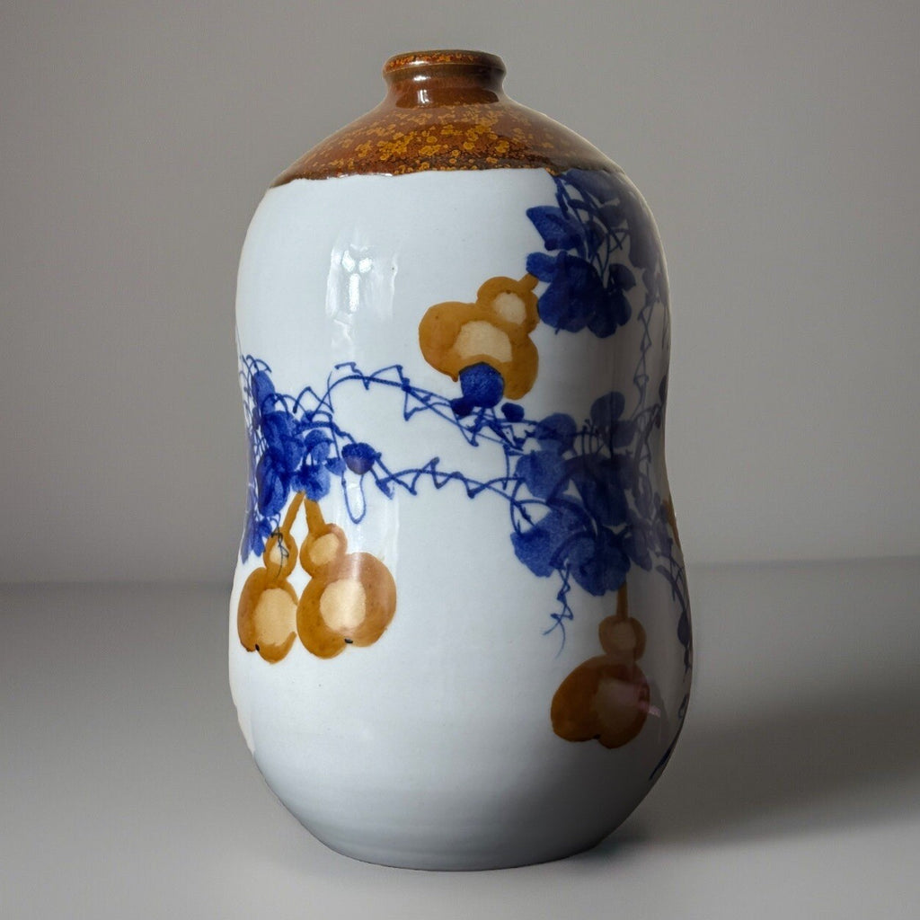 Chinese Gourd & Cricket Vase Blue Amber Enamel Calligraphy Republic Style 11.5”