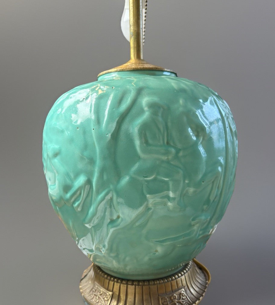 Art Deco 1920s Celadon Porcelain Lamp w/ Brass Double Socket Base