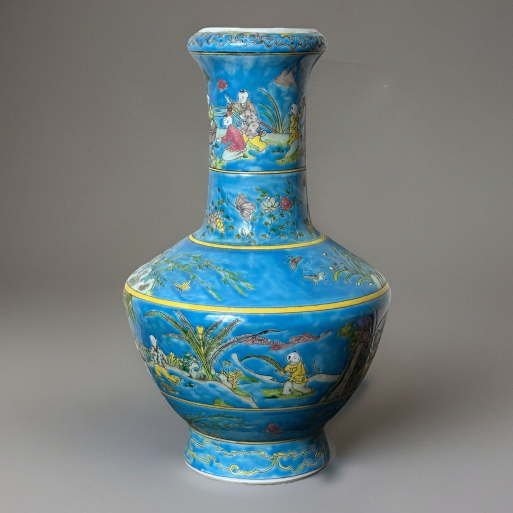 Large Chinese Famille Rose Turquoise Vase Boys at Play Qing Republic Era 16”