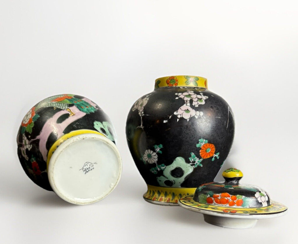 Pair Vintage Japanese Hand Painted Porcelain Peacock Famille Ginger Jar 5.5”