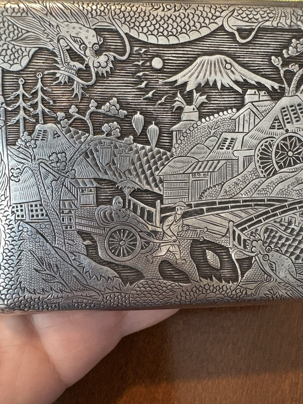 Antique Japanese TOKYO SOLID SILVER Case Dragon & Pagoda Scene 1900 Hand Engrave