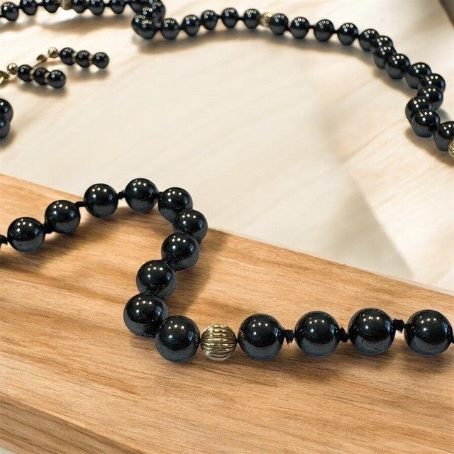 VTG Hematite Necklace & Earrings Set Solid 14K Gold Beads Posts 32”