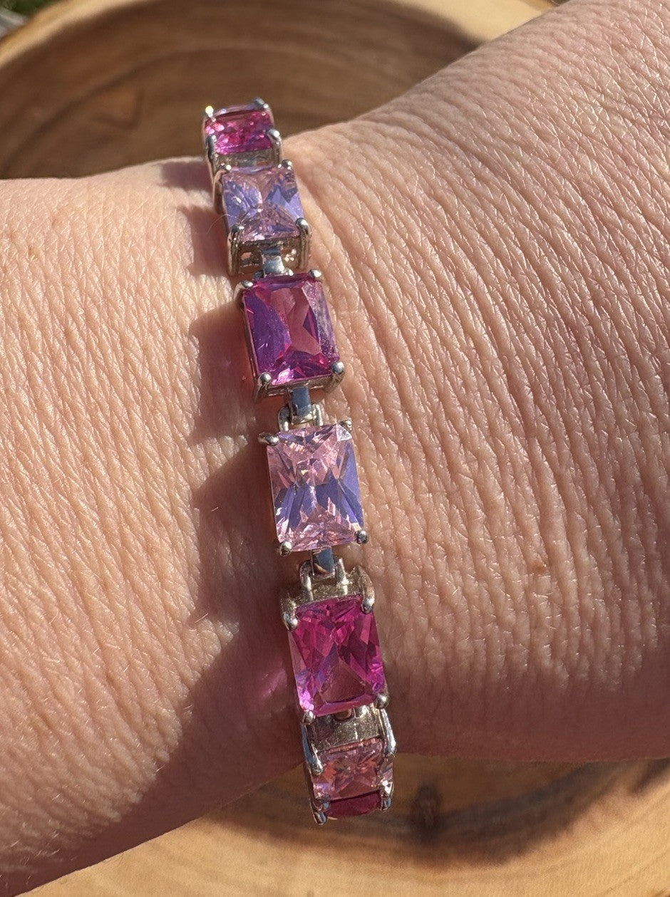 Pink 2 Tone Gemstone Tennis Bracelet 925 Sterling Silver 7.5” Box Clasp Vintage
