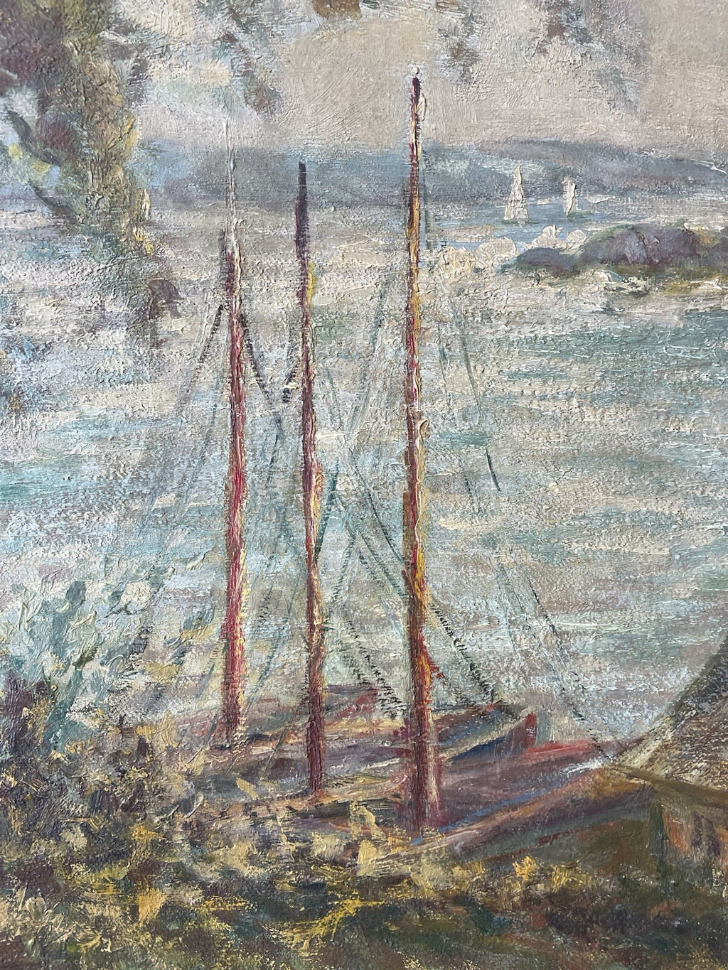 HARRY MELIN Fisherman Village With Sailboats in oil on canvas37” X 22”