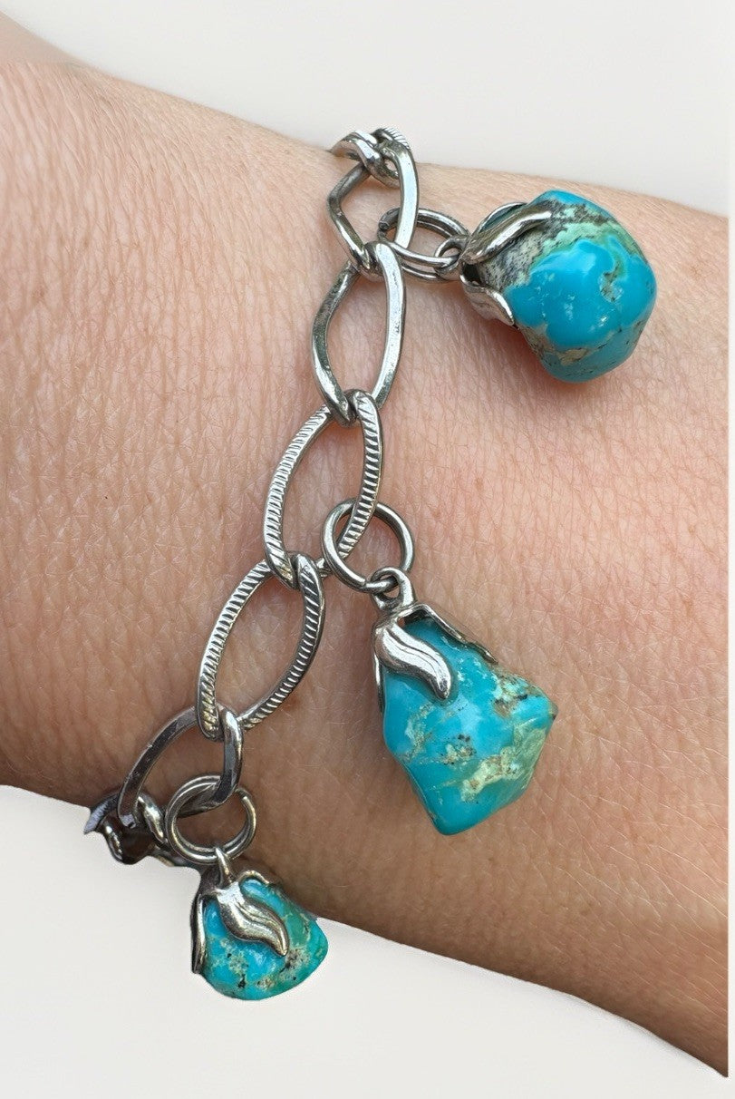 Vintage Sterling Silver Turquoise Nugget Charm Bracelet Southwestern 7”
