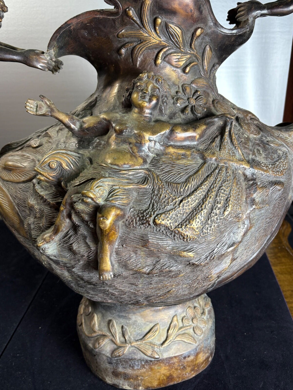 Antique Bronze Art Nouveau Figural Vase Putti Cherubs Floral Relief 20” Tall