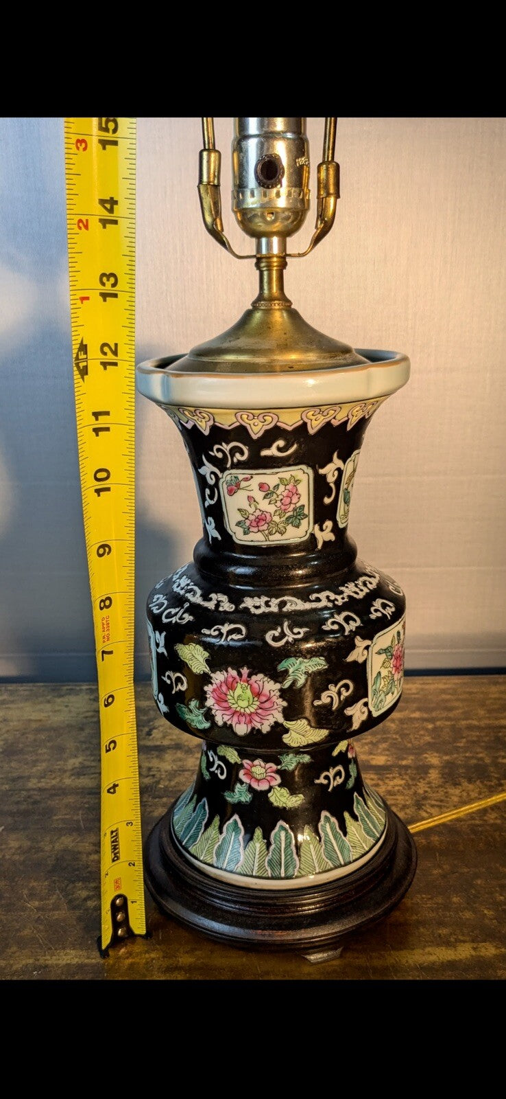 Vintage Asian Black Porcelain / Ceramic Lamp with Beautiful Flowers pattern