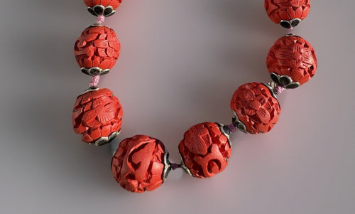 Antique Chinese Carved Cinnabar Bead Necklace – Republic Era, Filigree Clasp
