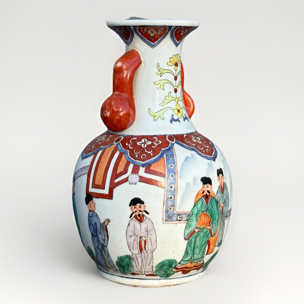 Antique Chinese Porcelain Vase Figural Scenes Double Handles Kangxi Style Mark