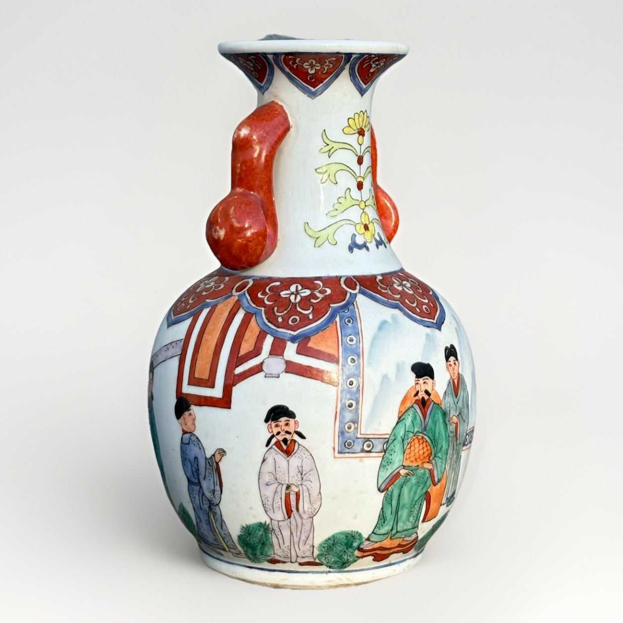 Antique Chinese Porcelain Vase Figural Scenes Double Handles Kangxi Style Mark