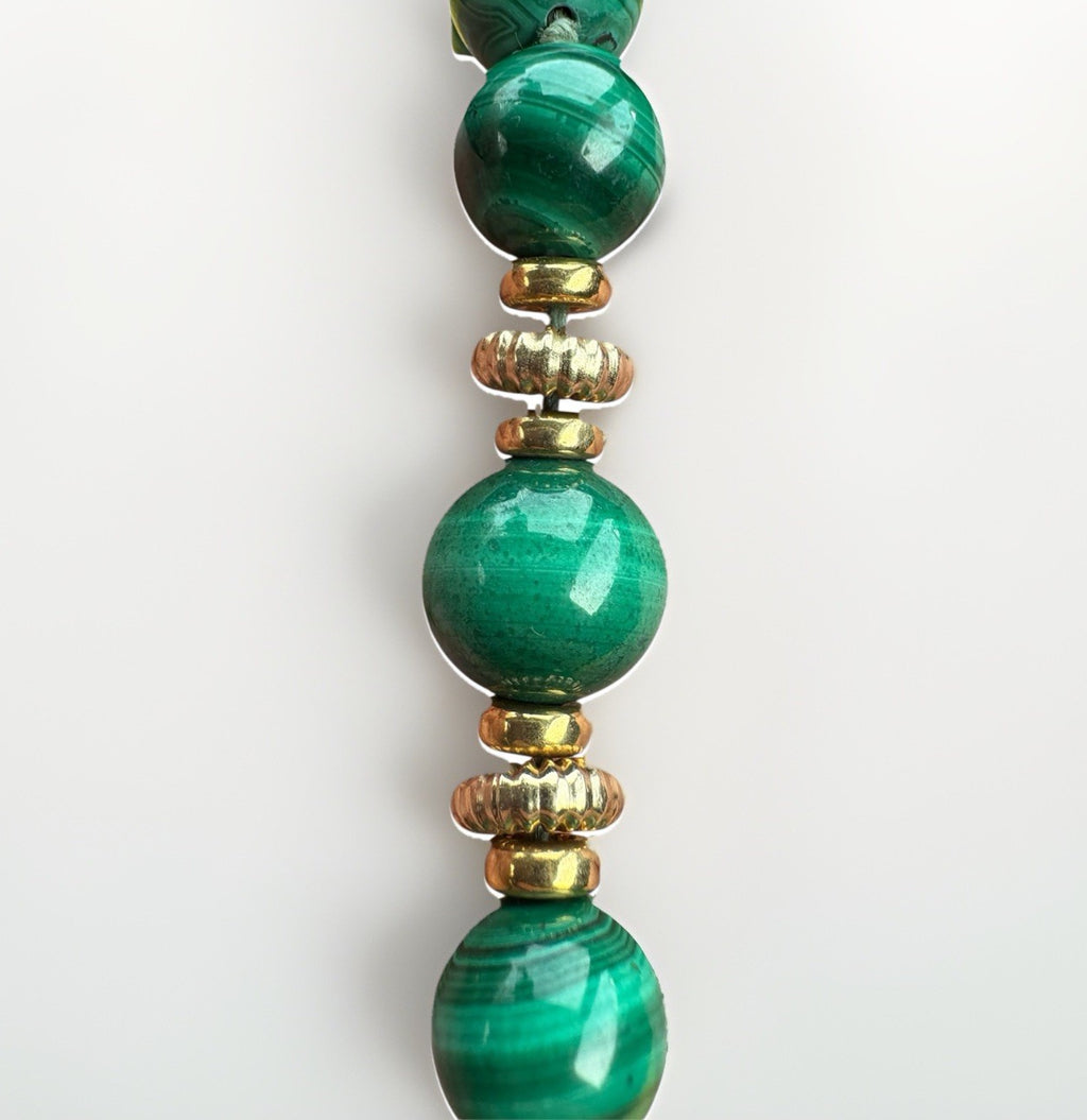 14k Vintage 57-Bead Natural Malachite Necklace with Solid 14K Gold Clasp