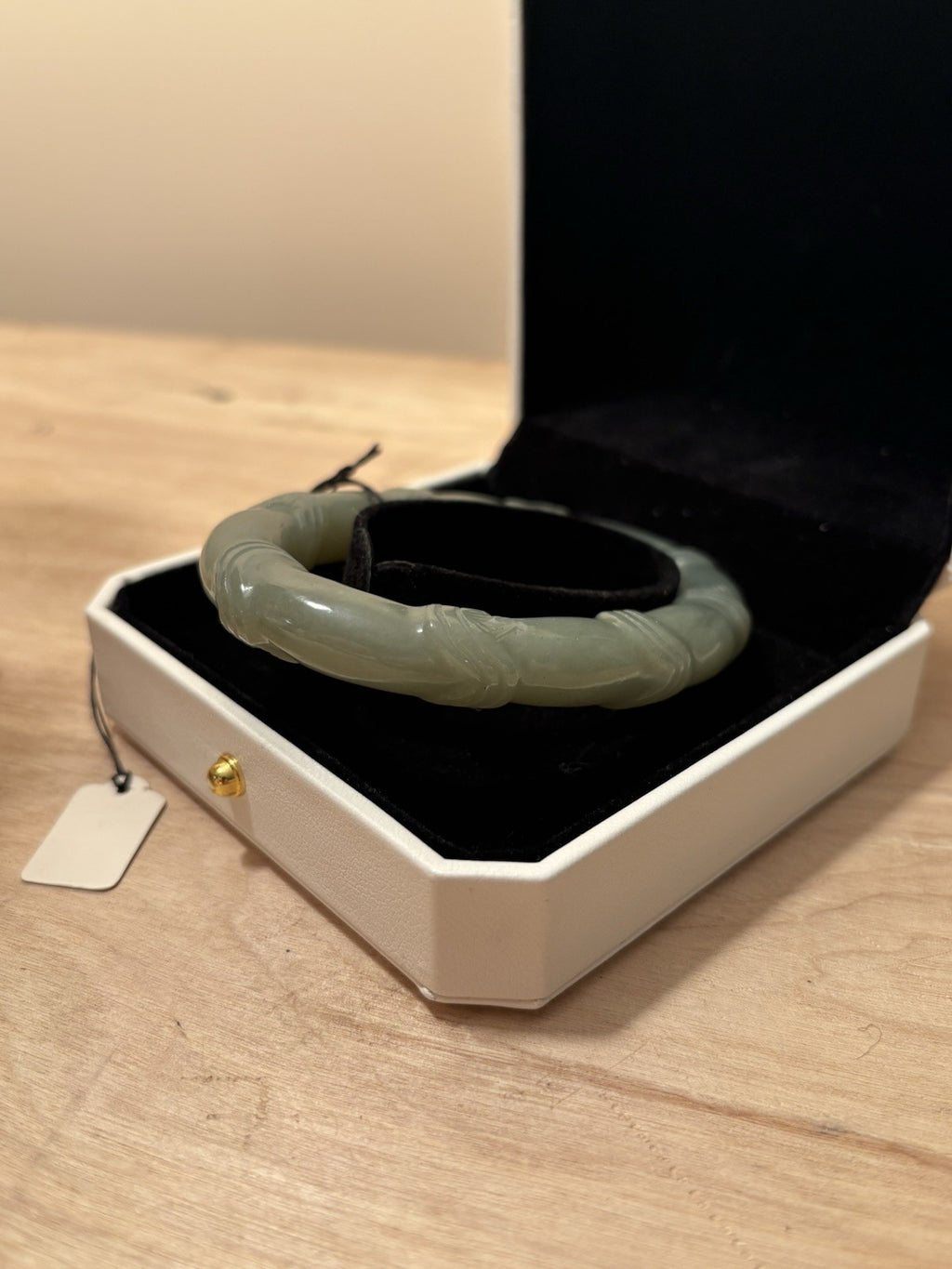 Natural Jade Bamboo Carved Oval Bangle Bracelet Celadon Green