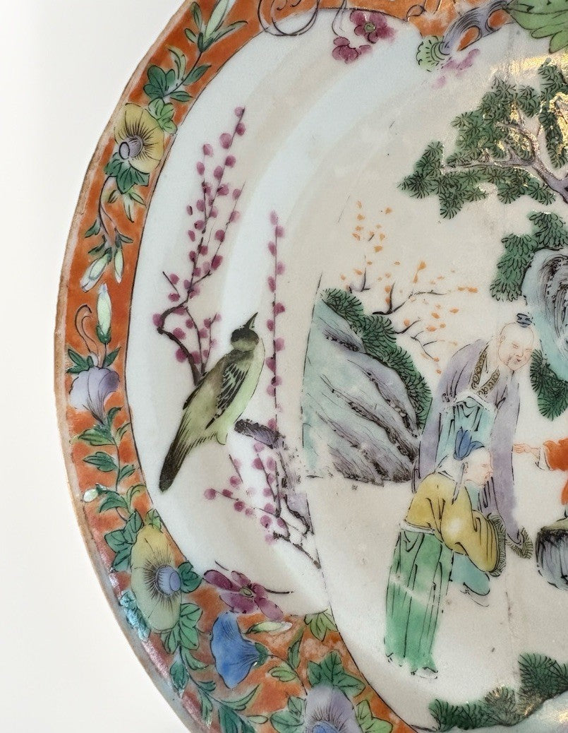 Pair Antique Chinese Famille Rose Figural Plates Qing 8”
