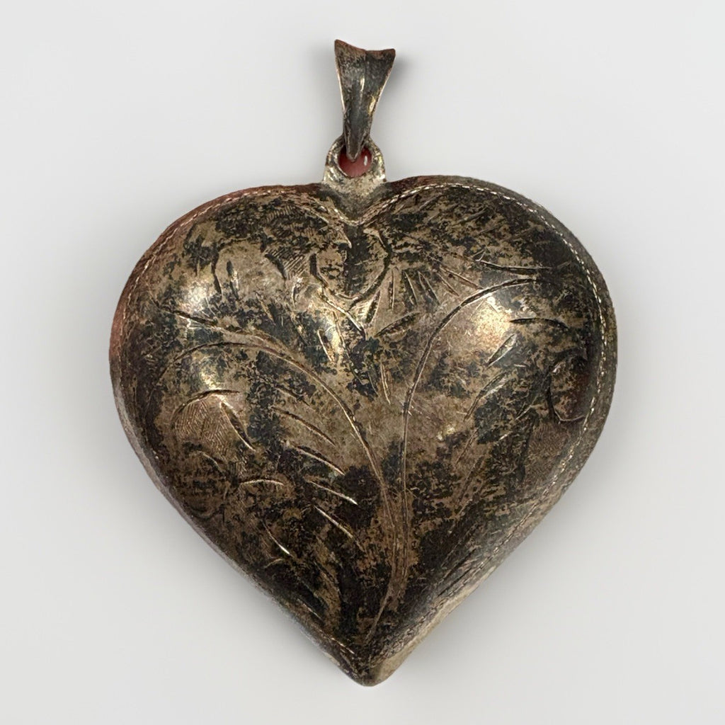 Vintage Engraved Sterling Silver Heart Pendant — Floral Etched — 15g — 2"
