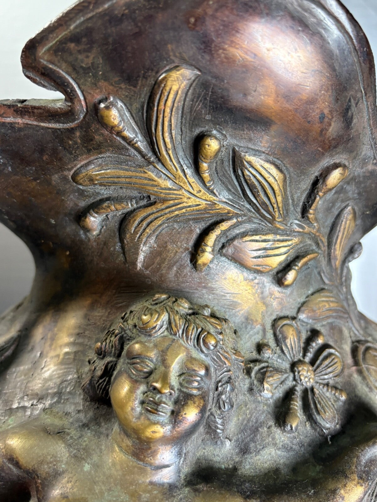 Antique Bronze Art Nouveau Figural Vase Putti Cherubs Floral Relief 20” Tall