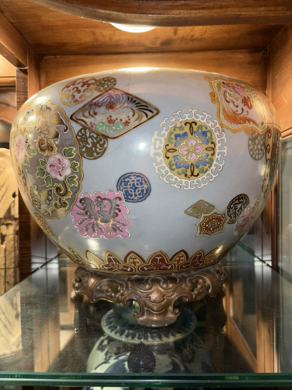 Late Meiji Japanese Blue-Ground Satsuma-Style Jardiniere, Bronze Stand
