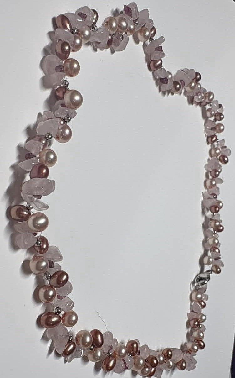 925 Sterling Pink Pearl Rose Quartz Garnet Necklace Vintage Gemstone 18