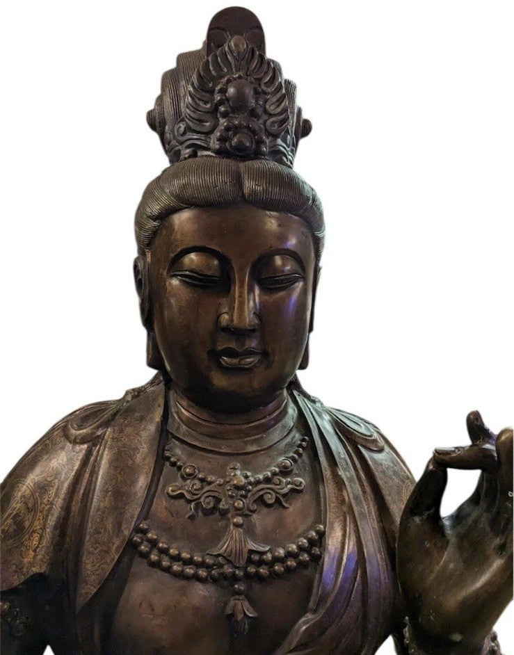 Monumental 5ft Chinese Bronze Guanyin Statue, Ming Xuande Mark, Gilded Robes 19c