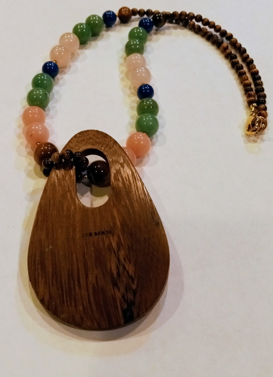 multigemstone Bohemian necklace with wood pendant