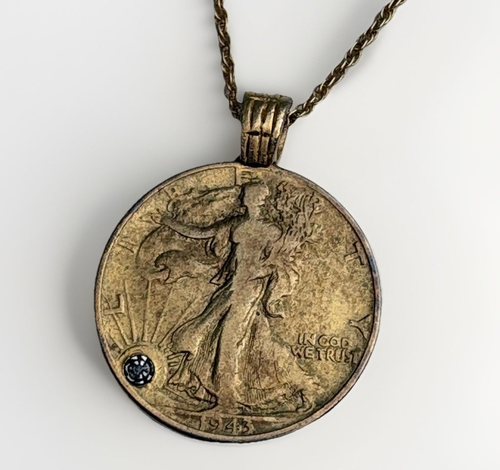 Walking Liberty Half Dollar Gold Layered Coin Pendant Diamond Chip Necklace 24”