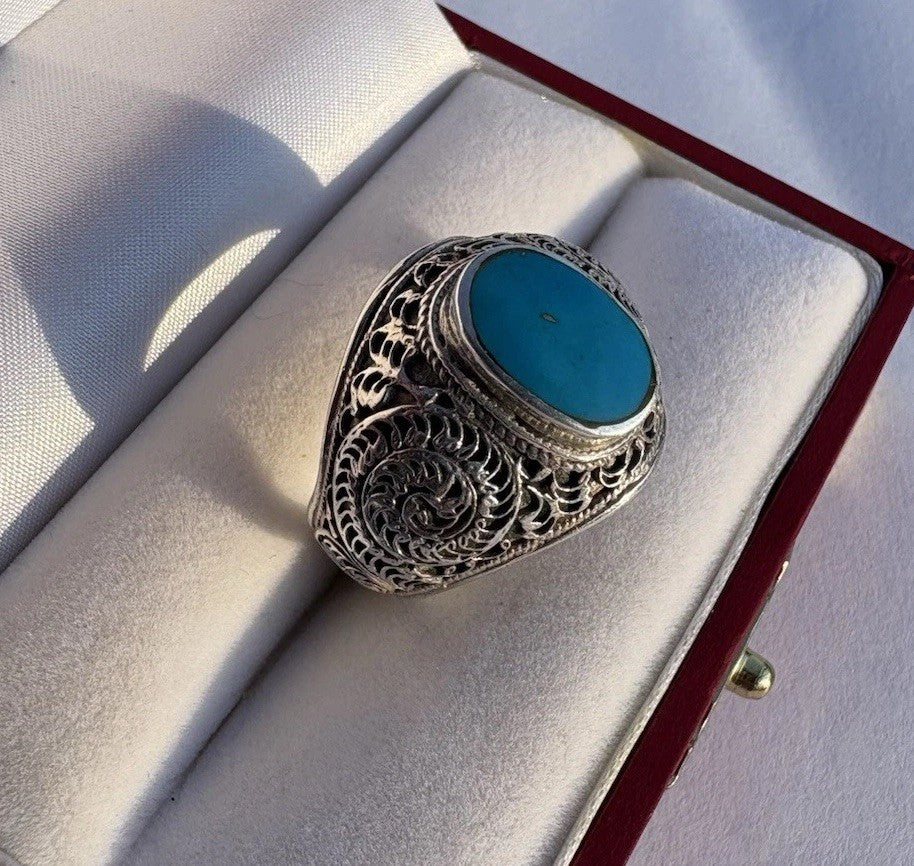 Bold Sterling Silver Turquoise Filigree Statement Ring Vintage Artisan Size 9