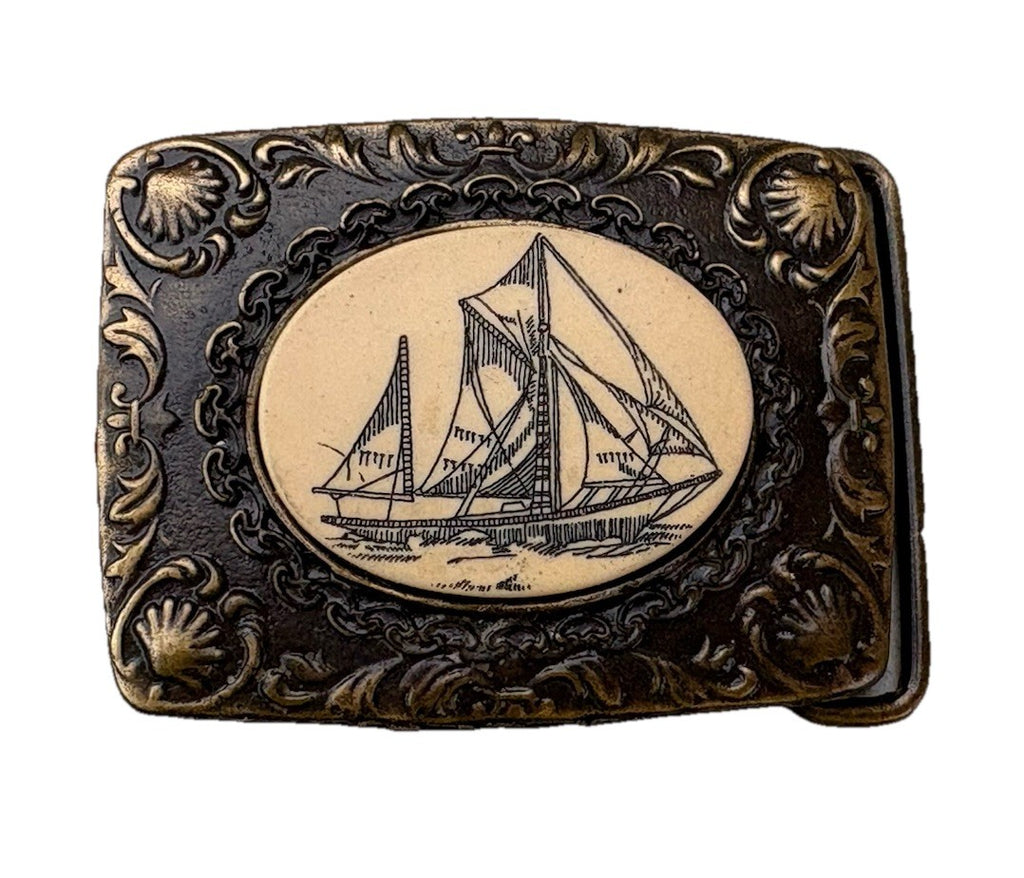Oden Brass Etched Faux Scrimshaw Sailboat Schooner Belt Buckle 2-1/2" x 1-3/4"