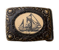 Oden Brass Etched Faux Scrimshaw Sailboat Schooner Belt Buckle 2-1/2" x 1-3/4"