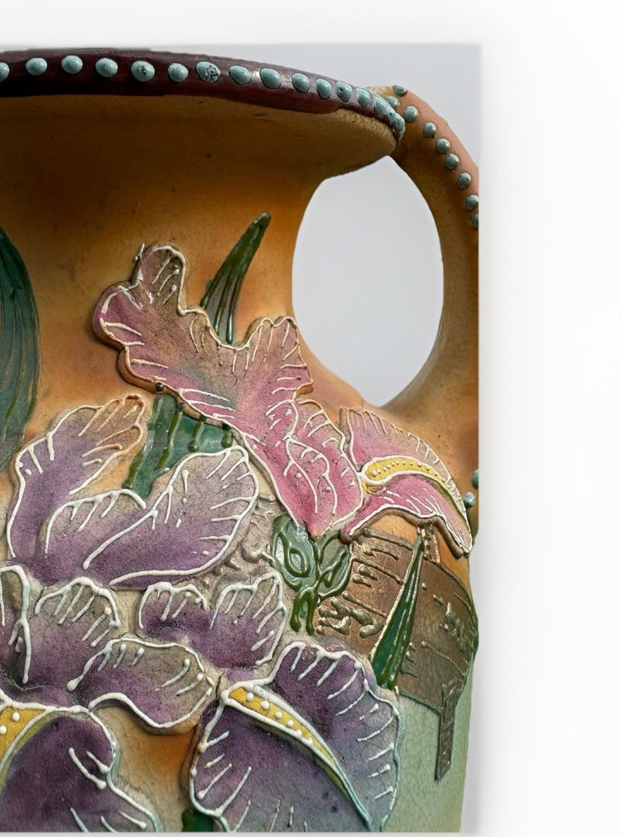 Art Nouveau Iris Vase Double Handle Relief 13” Antique Japanese