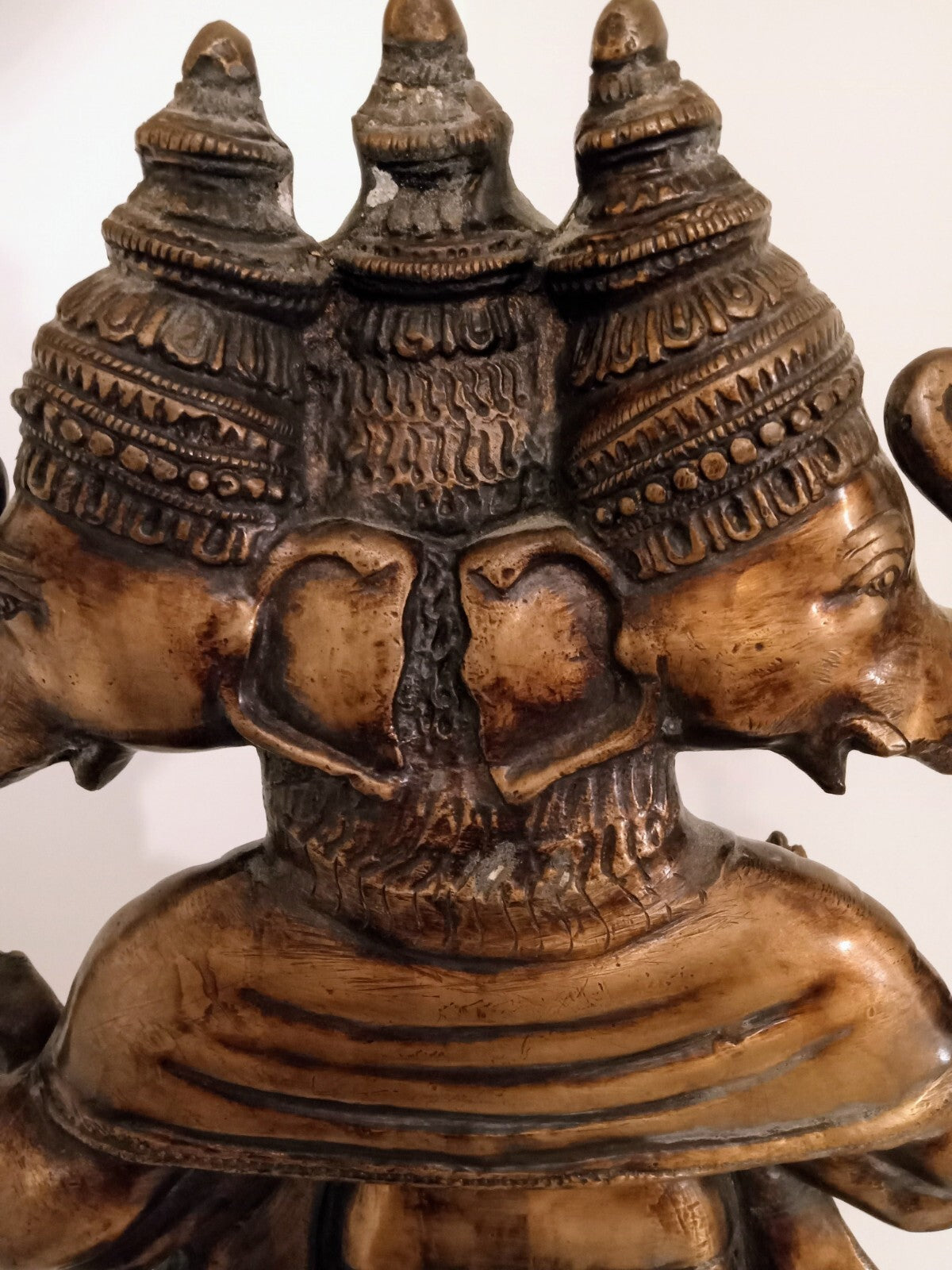 Antique Bronze 22” Three-Headed Ganesha Hindu Statue – Vighnaharta Riding Mouse