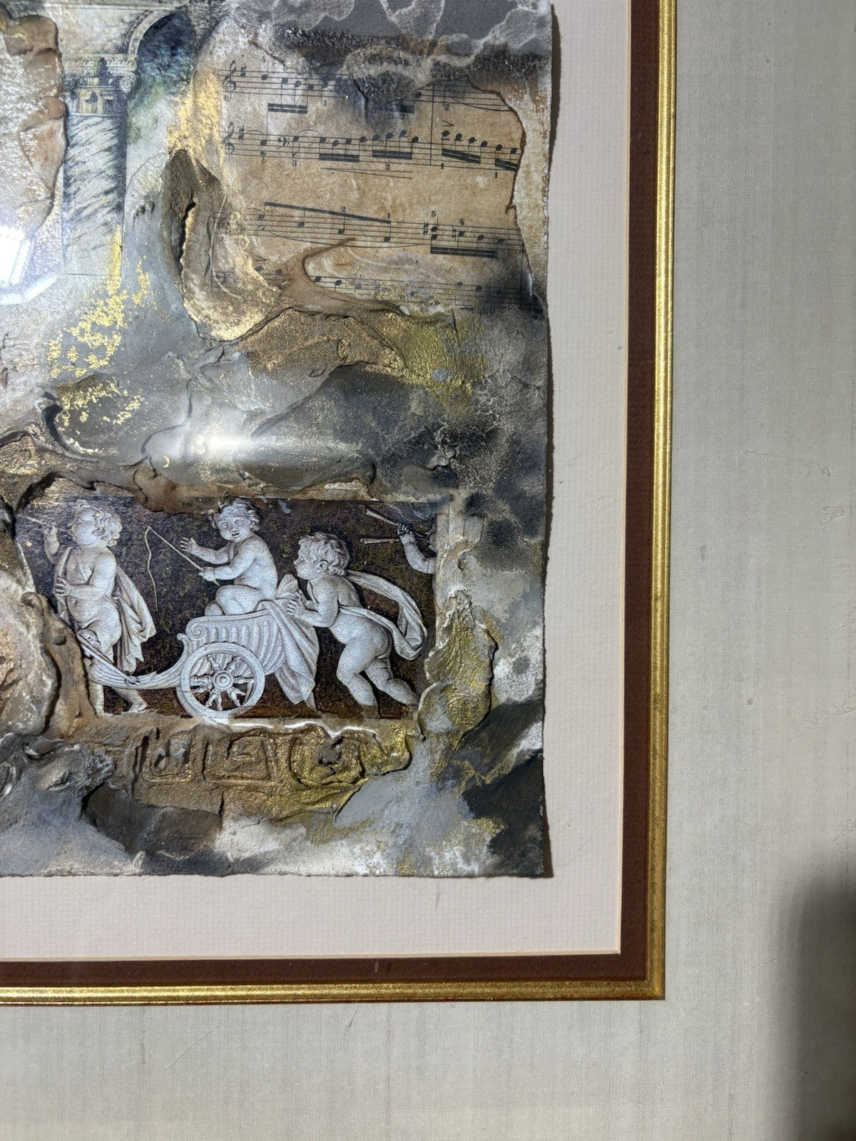Linda Denison Mixed Media Collage Gold Leaf Art Framed Classical Scene