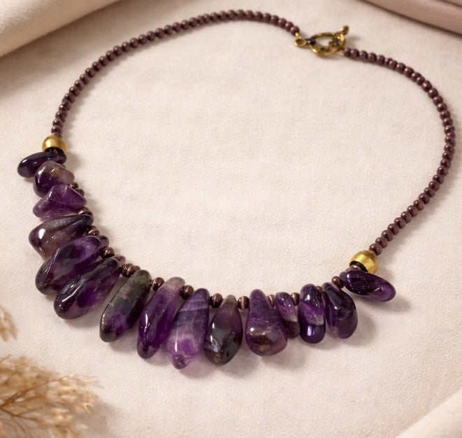 Vintage Amethyst Nugget Statement Necklace with Gold Toggle Clasp