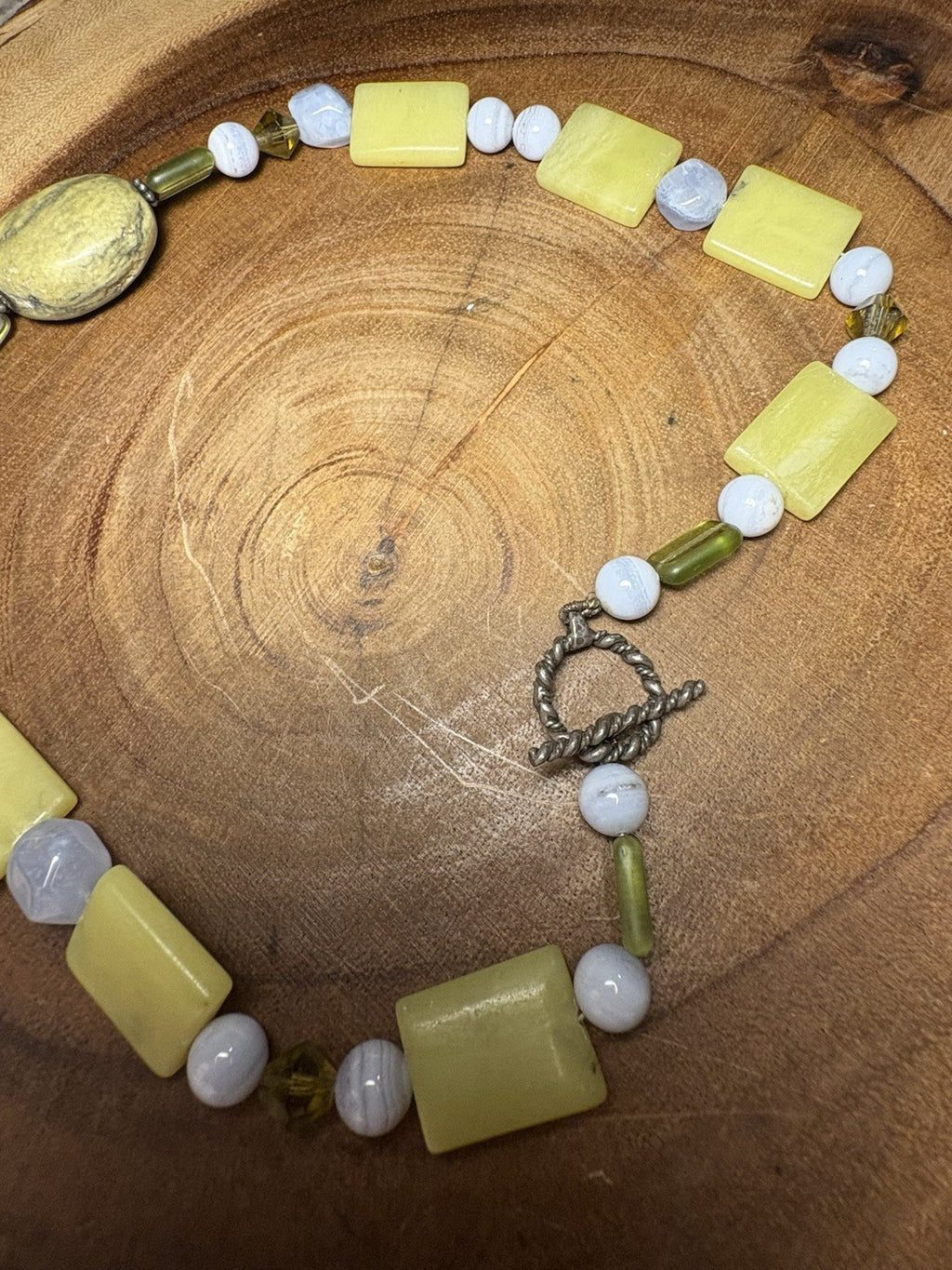 17” Beaded Necklace Yellow Stone, Blue Chalcedony & Sterling Silver Toggle