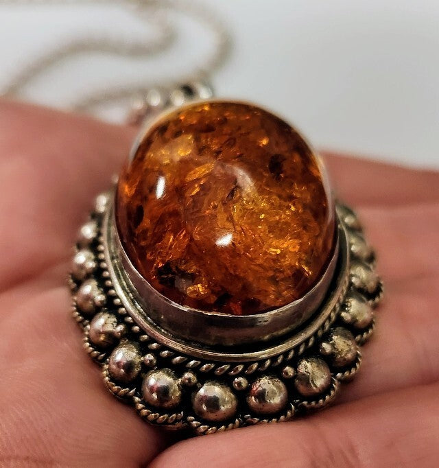 Genuine Natural AMBER Stone PENDANT with Sterling Silver 925 With Chain