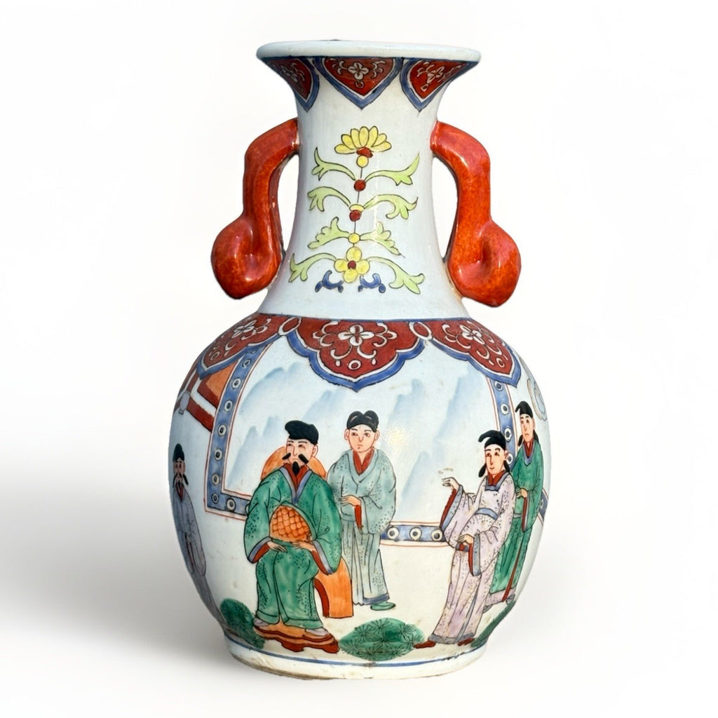 Antique Chinese Porcelain Vase Figural Scenes Double Handles Kangxi Style Mark