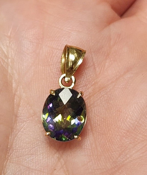 Vintage 14K Gold Mystic Topaz Pendant Rainbow Oval Cut Fine Jewelry