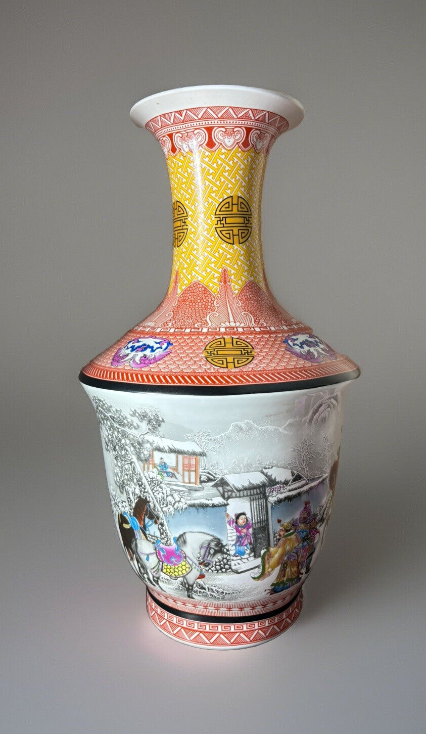 24” Tall Chinese enamel Mountain Landscape Warrior On House pattern vase
