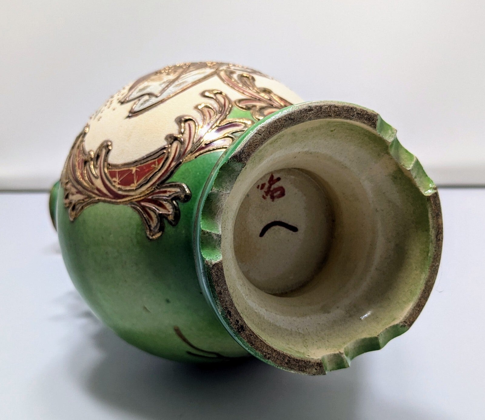 Vintage Japanese Satsuma-Style Hand Painted Vase – Green Glaze & Gold Gilding