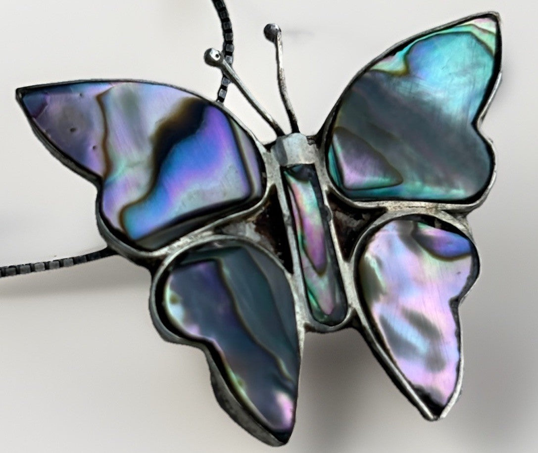 Vintage Abalone Shell Butterfly Pendant Brooch Necklace With Chain