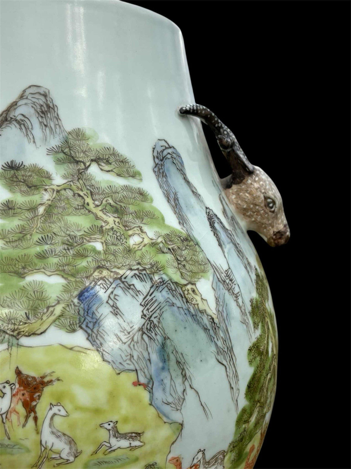 Antique Chinese Famille Rose Deer & Pine Vase Qianlong Mark Late Qing 18”