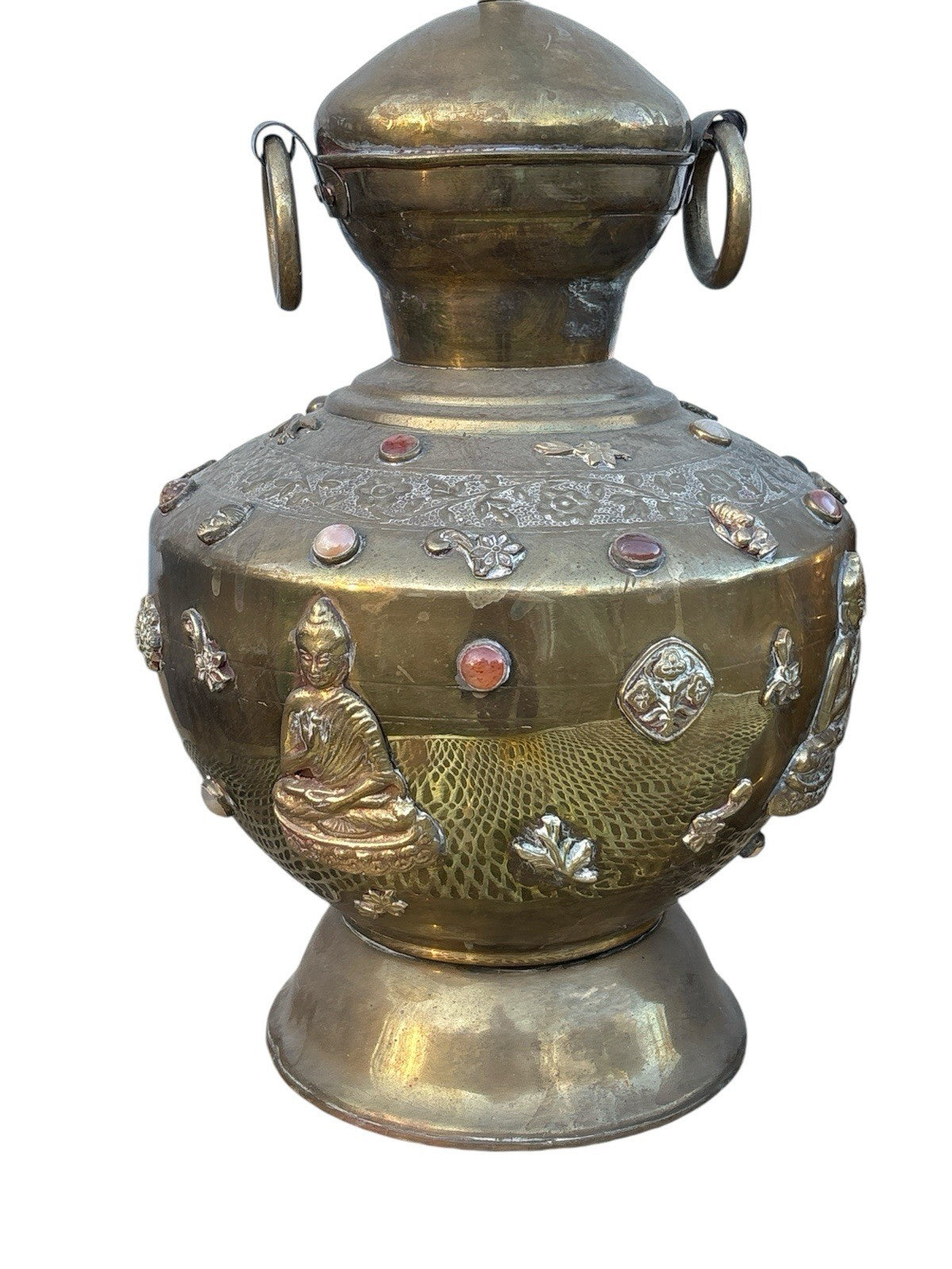 Pair Antique Tibetan Buddhist India Brass Urn/Lamps Stones Buddha Ganesh